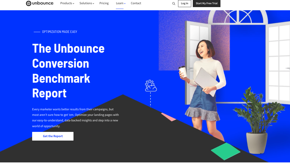 A screenshot of the cover for Unbounce’s Conversion Benchmark Report depicts a woman walking out of a set of graphic-rendered double doors. She is holding a coffee cup and her laptop. In addition, there is a button that urges users to “Get the Report.” 