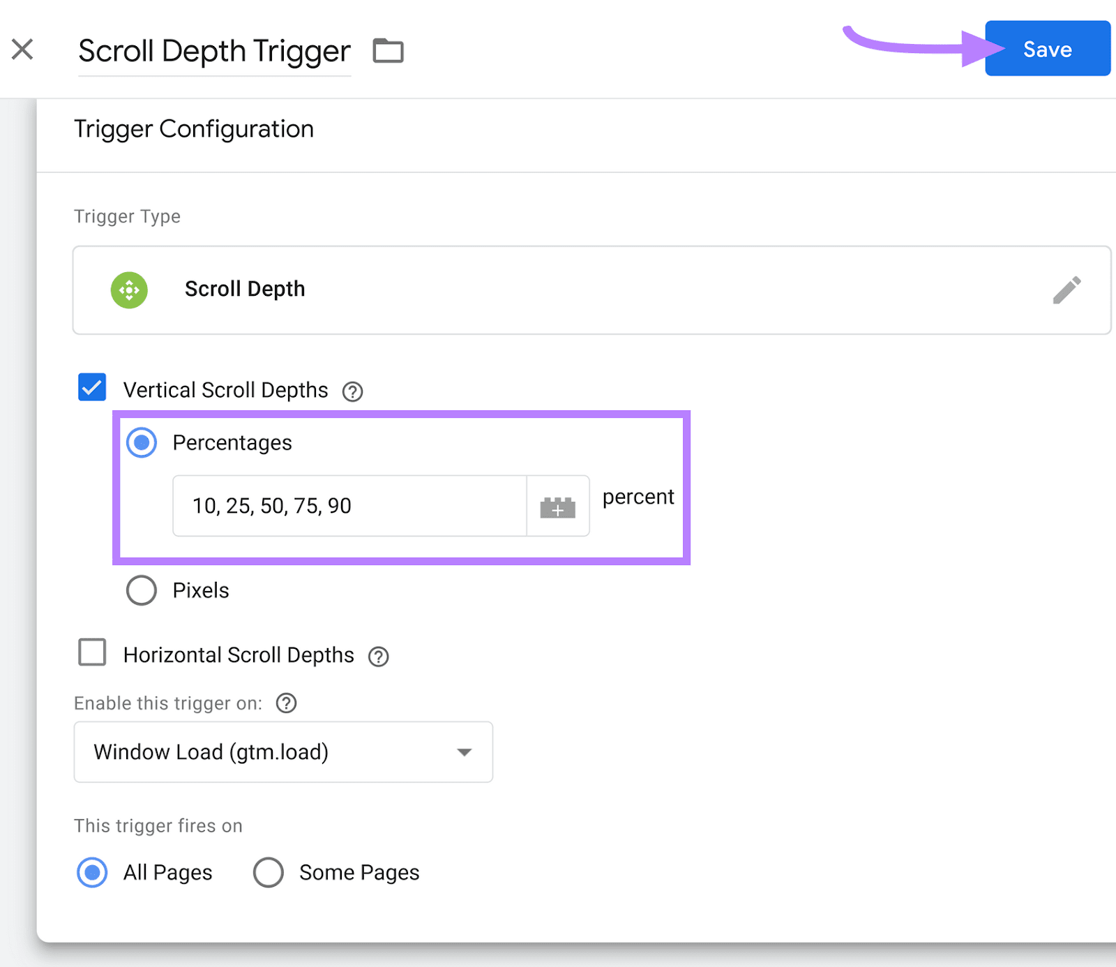 Enter percentages under "Vertical Scroll Depth" box