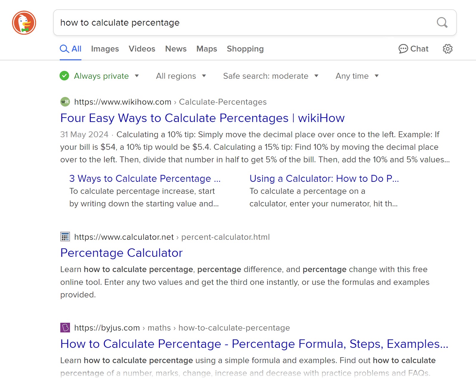 DuckDuckGo SERP for "how to cipher  percentage"