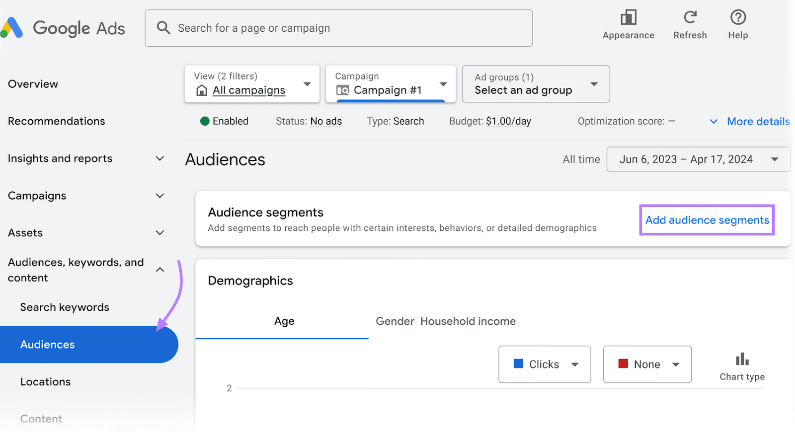 "Audiences" tab and “Add assemblage  segments” fastener  highlighted successful  Google Ads
