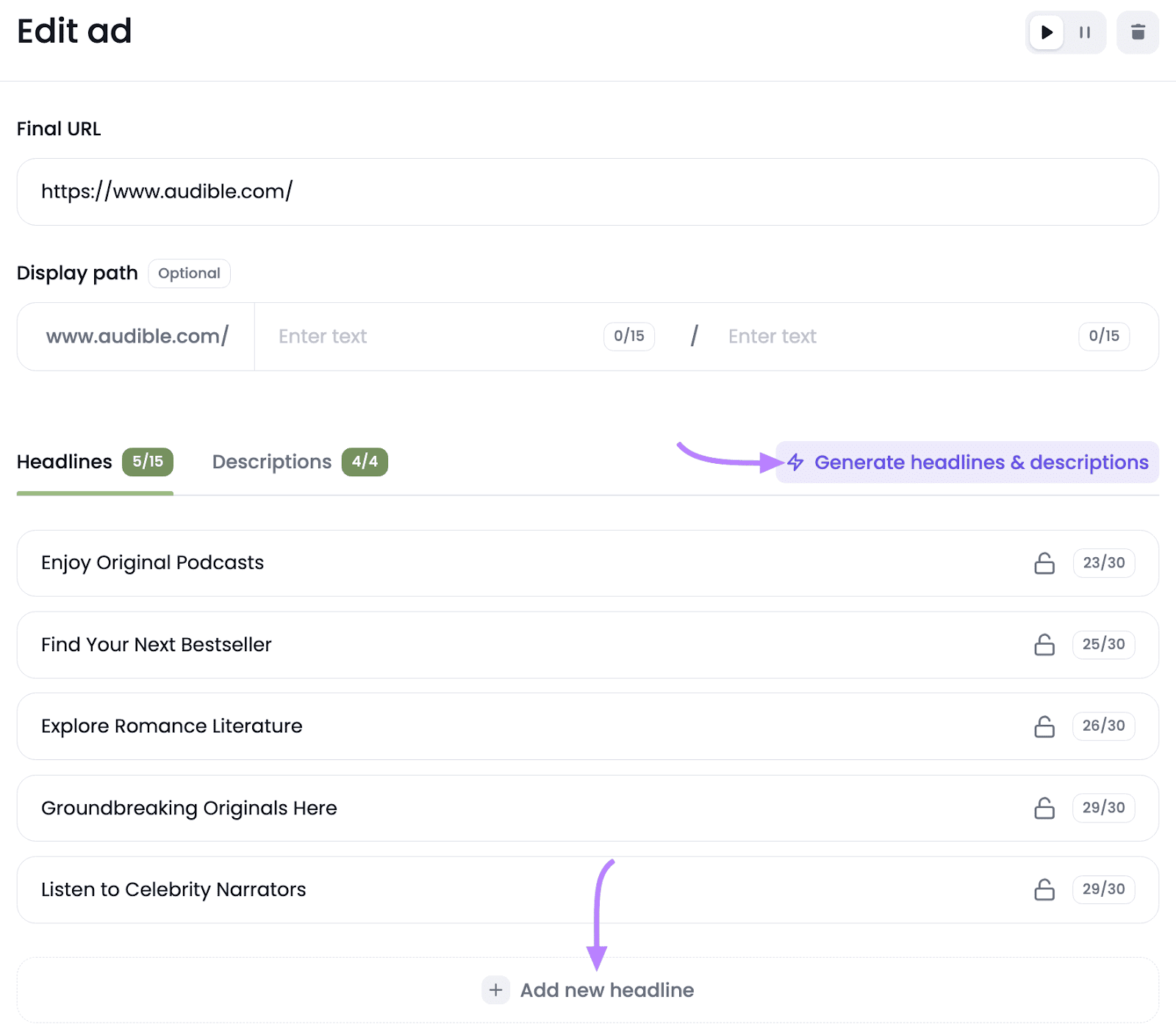 Semrush Ads Launch Assistant "Edit ad" interface with fields for URL, display path, and options for generating and adding headlines. "Generate headlines & descriptions" and "+ Add new headline" buttons marked with purple arrows.