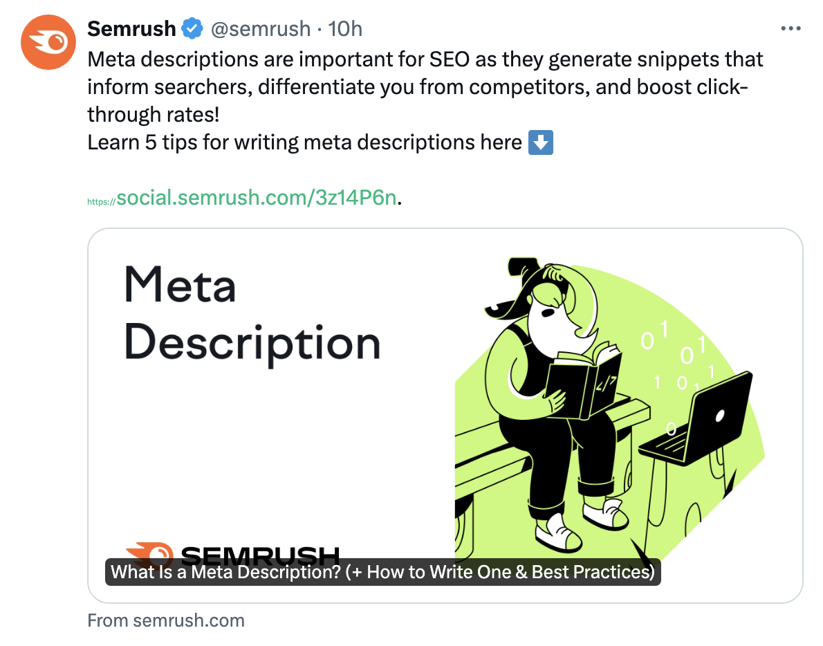 Semrush tweet about the importance of meta descriptions and a graphic with a character reading a book next to a laptop