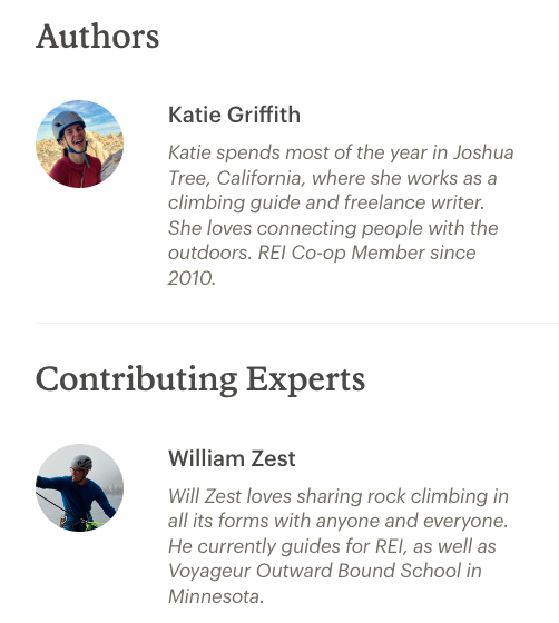 "Authors," and "Contributing Experts" section at the bottom of REI's guide