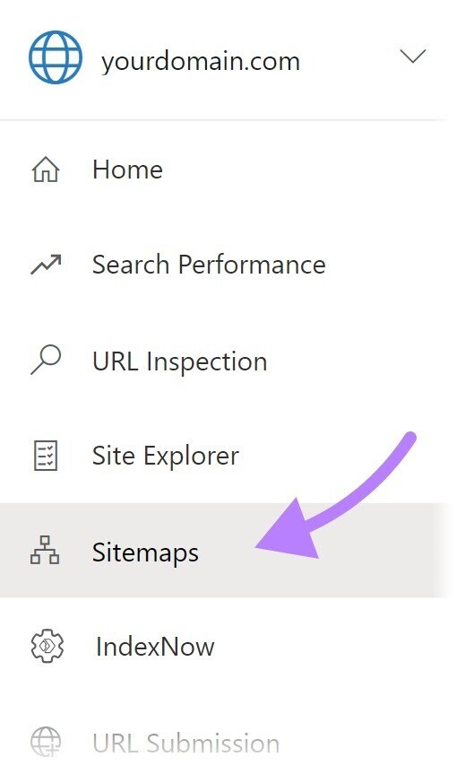 "Sitemaps" selecionado no menu à esquerda das Ferramentas do Google para webmasters do Bing