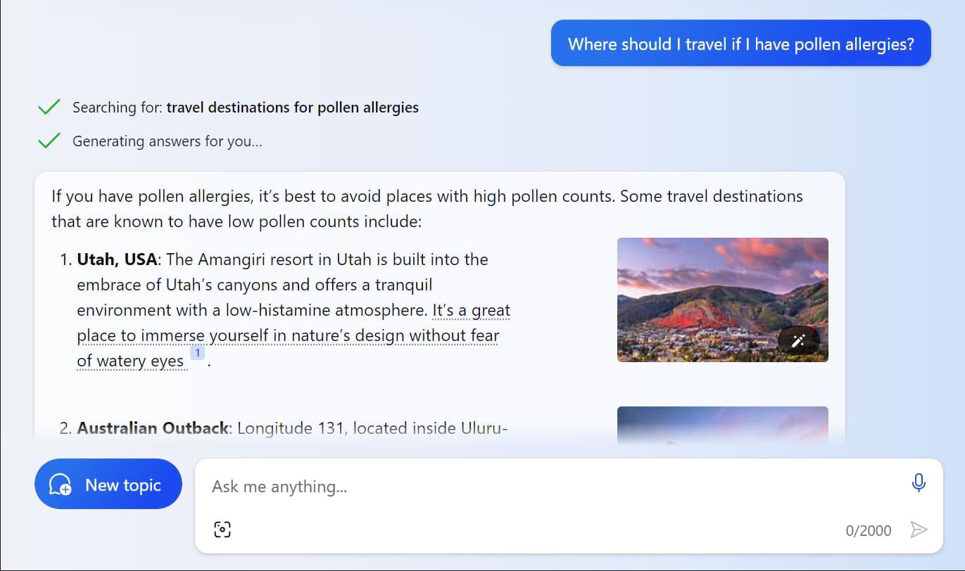 Bing Chat's response to "Where should I travel if I have pollen allergies?"