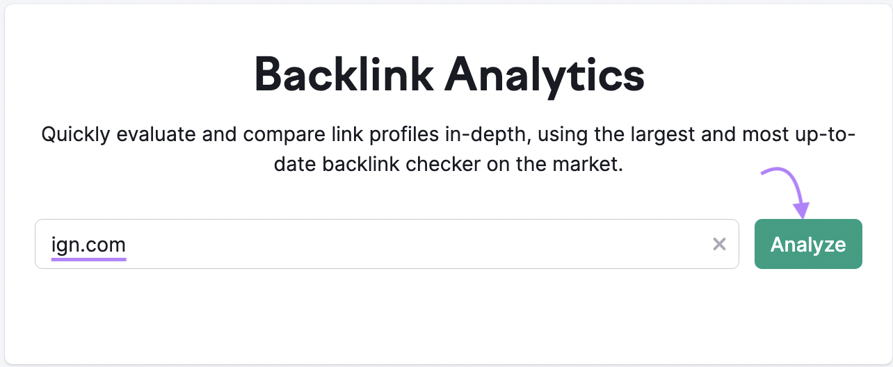 "ign.com" entered in Backlink Analytics search bar