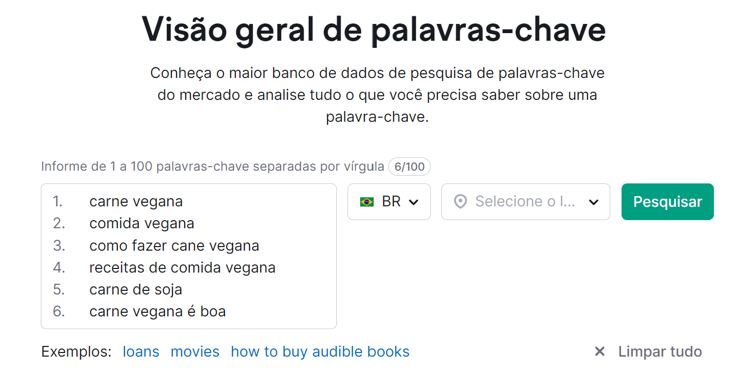 procurando lista de palavras-chave na ferramenta visão geral de palavras-chave da semrush