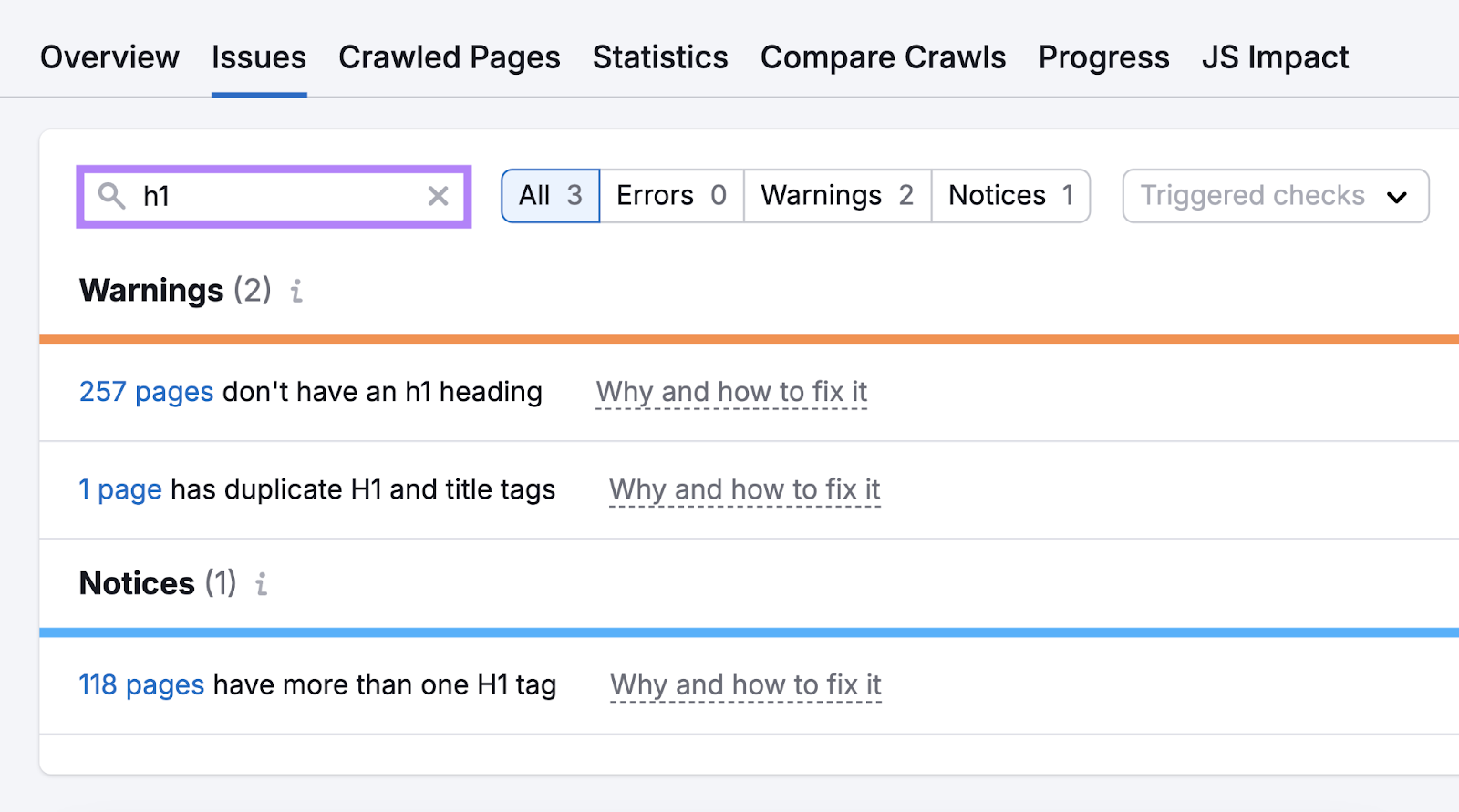 list of h1 issues in Site Audit