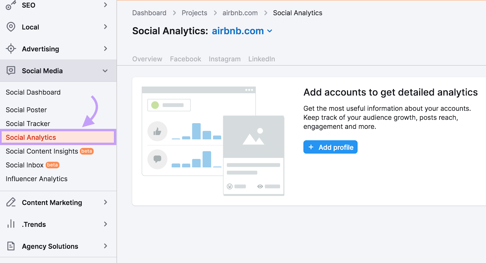 Navigating to “Social Analytics" in Semrush sidebar