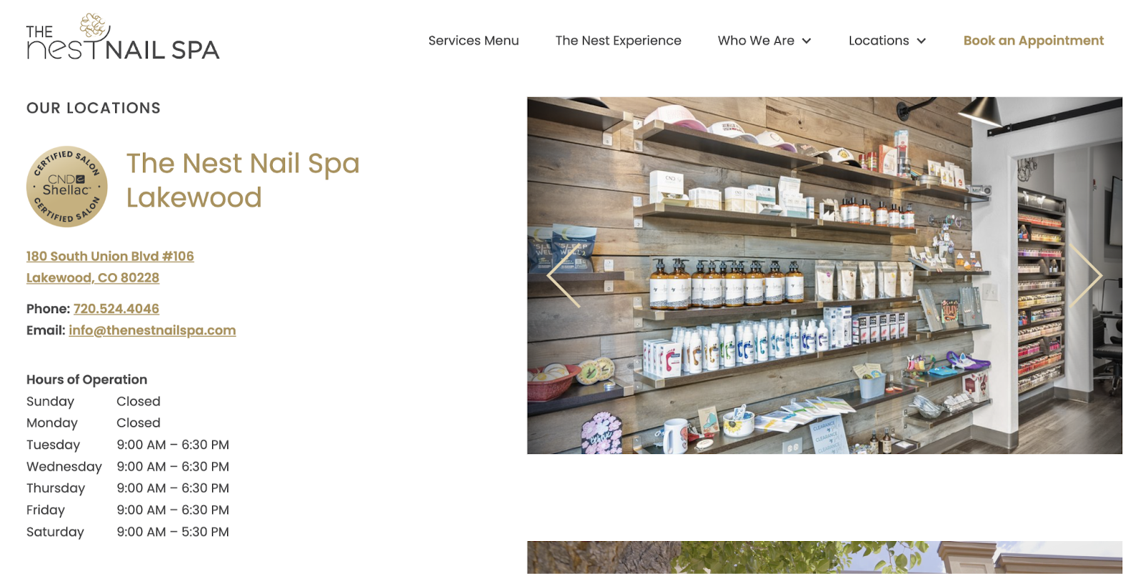 A nail spa's location page shows relationship information, hours, awards, and a slideshow of nan facility.