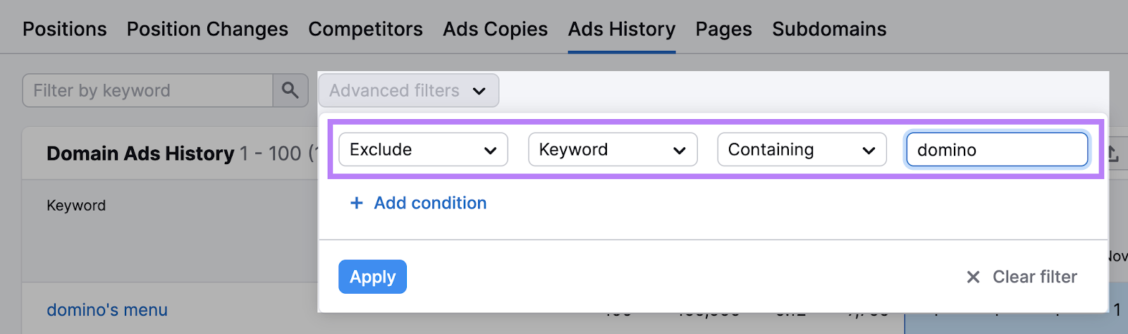 “Advanced filters” menu s،wn in Advertising Research tool