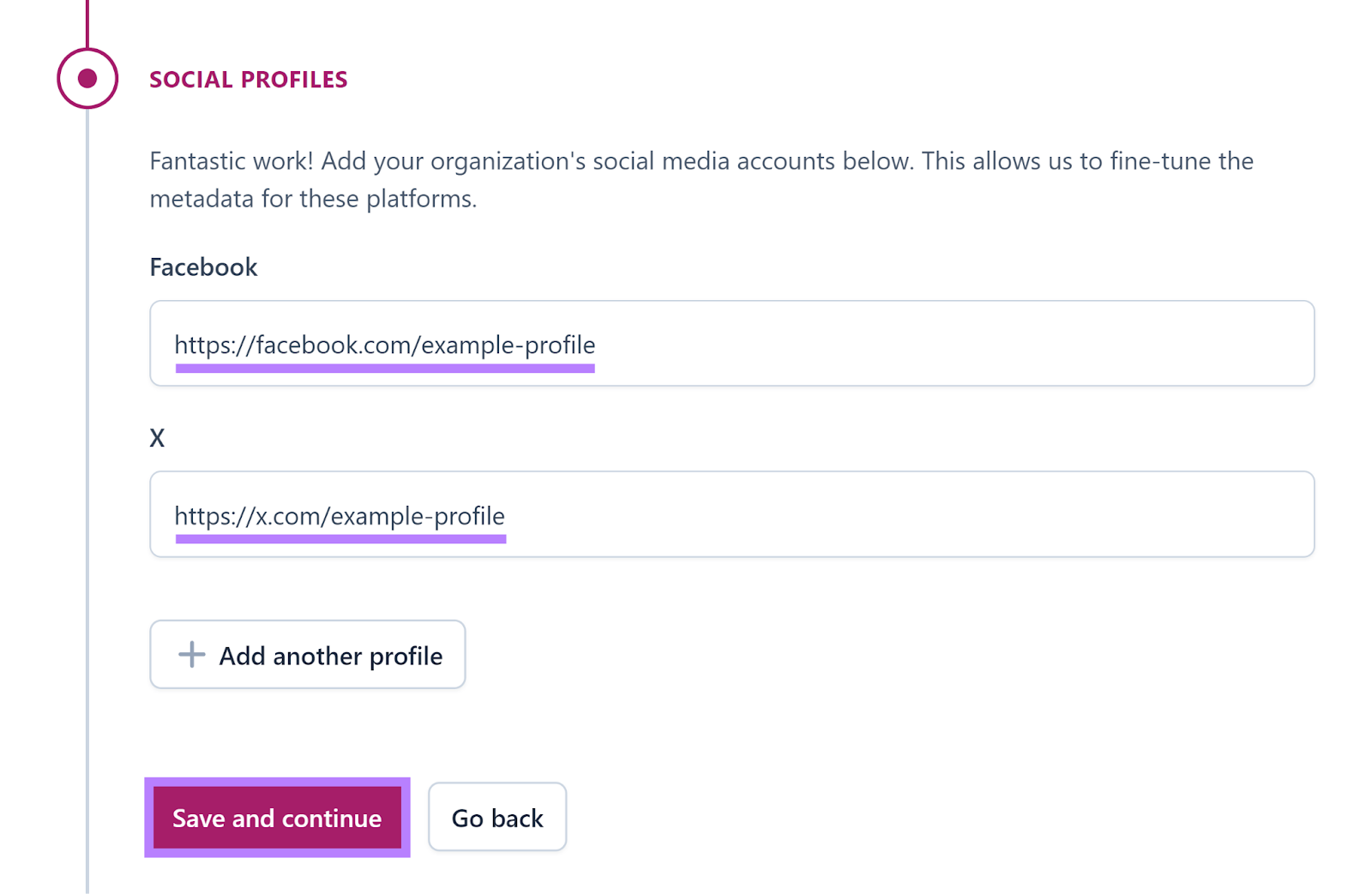 Yoast configuration page, with social profile URLs entered and 'Save and continue' button highlighted