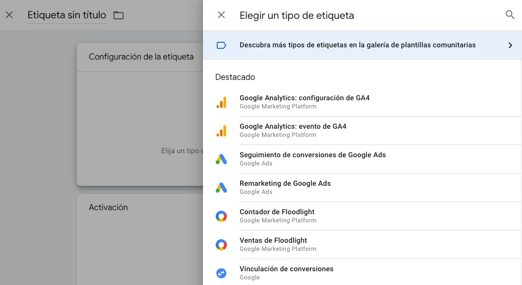 Página de inicio de Google Tag Manager