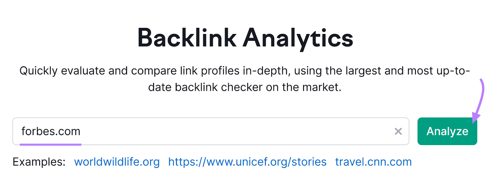 Herramienta Backlink Analytics con "forbes.com" introducido en la barra de dominio.