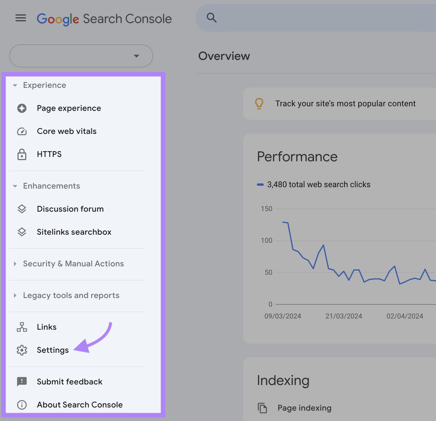 Google Search Console home with the left-hand side menu highlighted and "Settings" clicked.