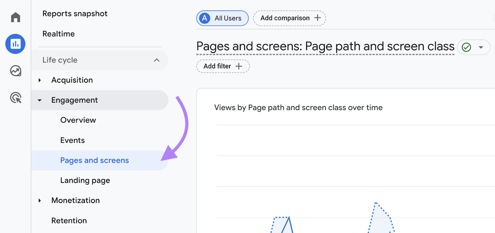 navigate to Pages and screens report