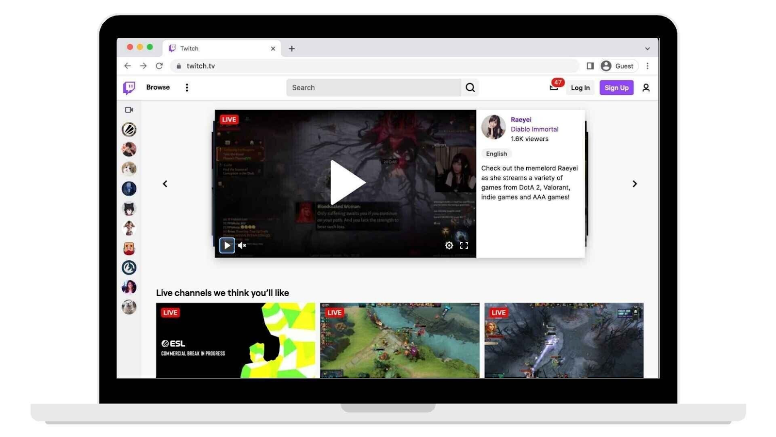 twitch homepage has videos and streamers