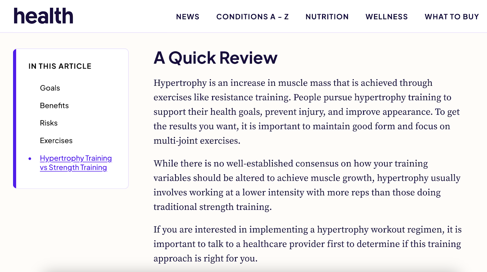 "A Quick Review" section of guide to hypertrophy from Health.com