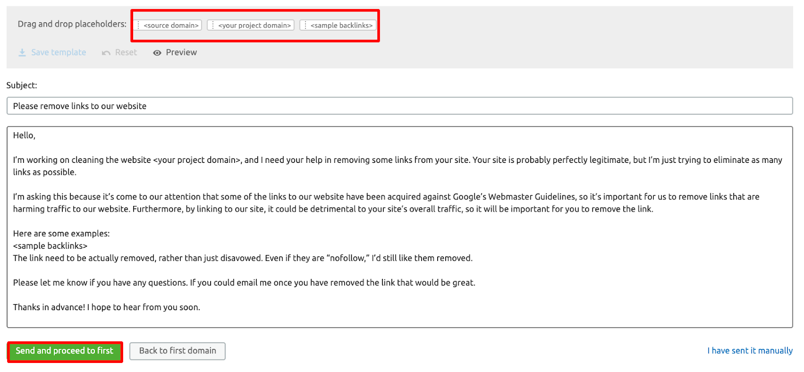 Email template example from the SEMrush Backlink Audit tool