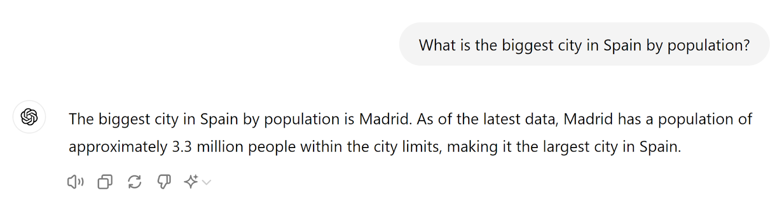 ChatGPT response to the question 'What is the biggest city in Spain by population?'