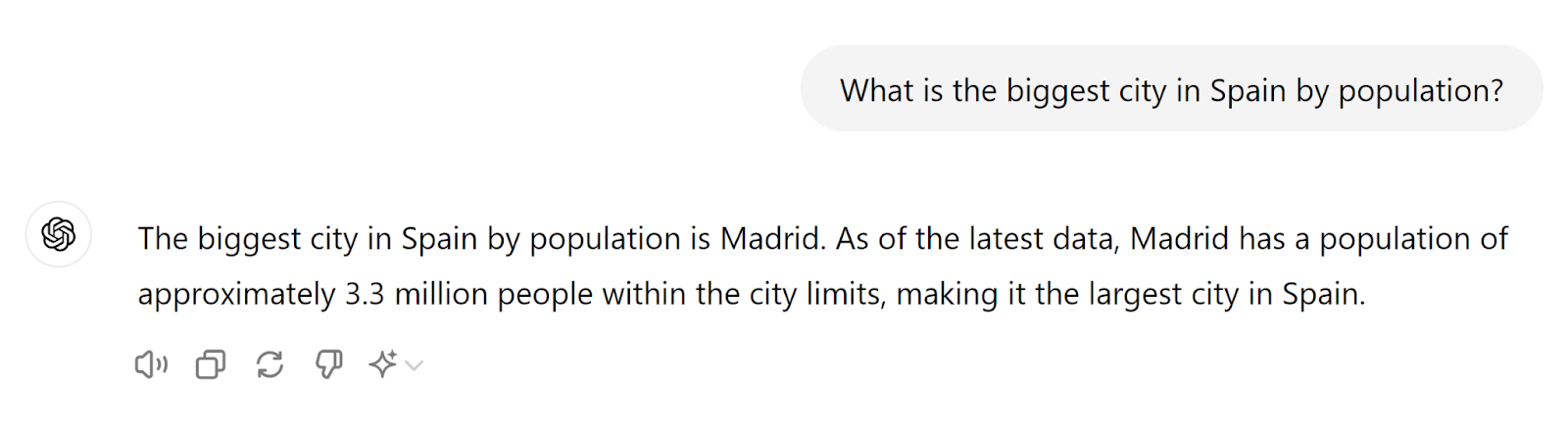 ChatGPT effect   to the question   'What is the biggest metropolis  successful  Spain by population?'