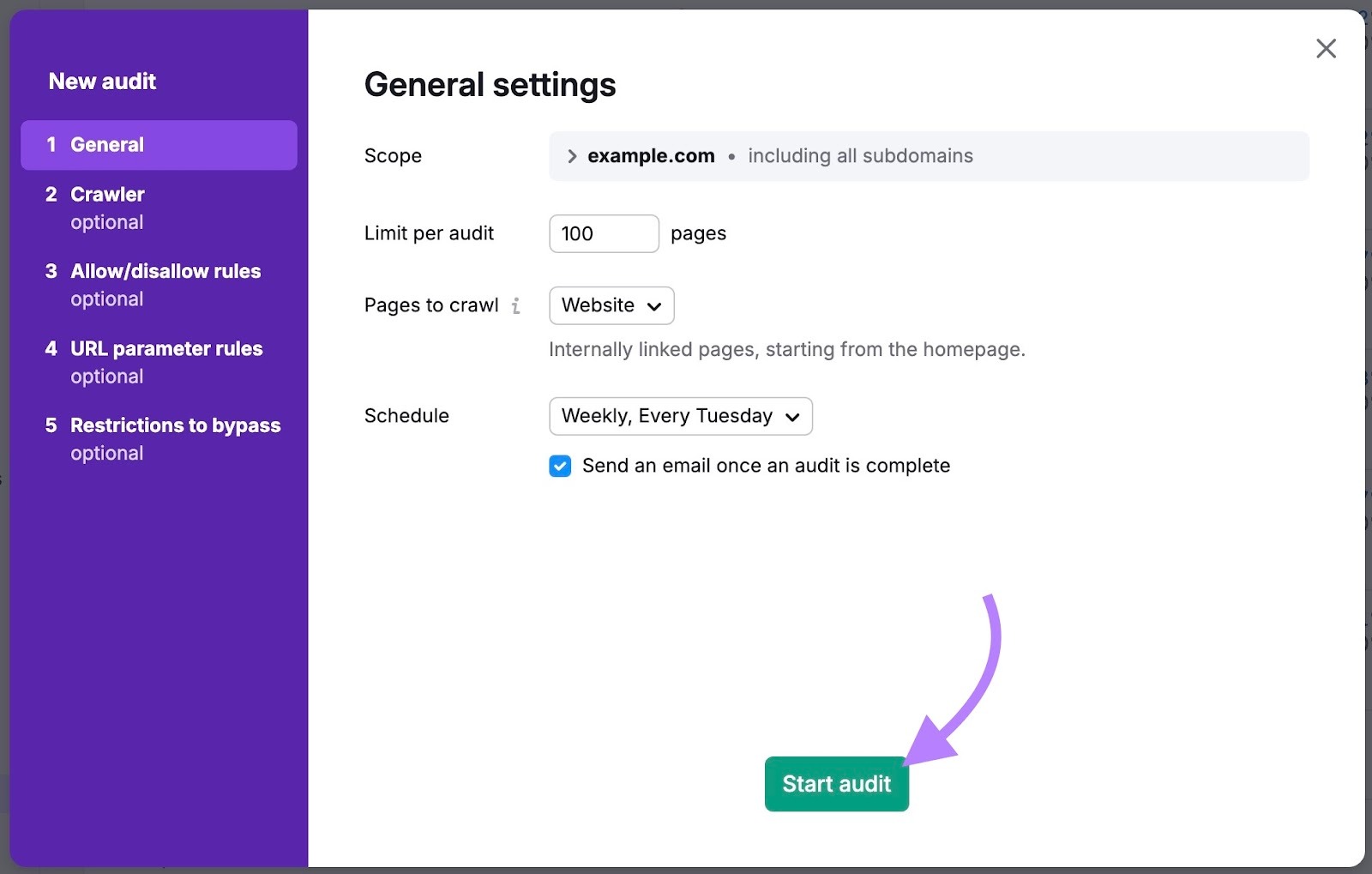 The "General settings" window on Site Audit with "Start audit" clicked.