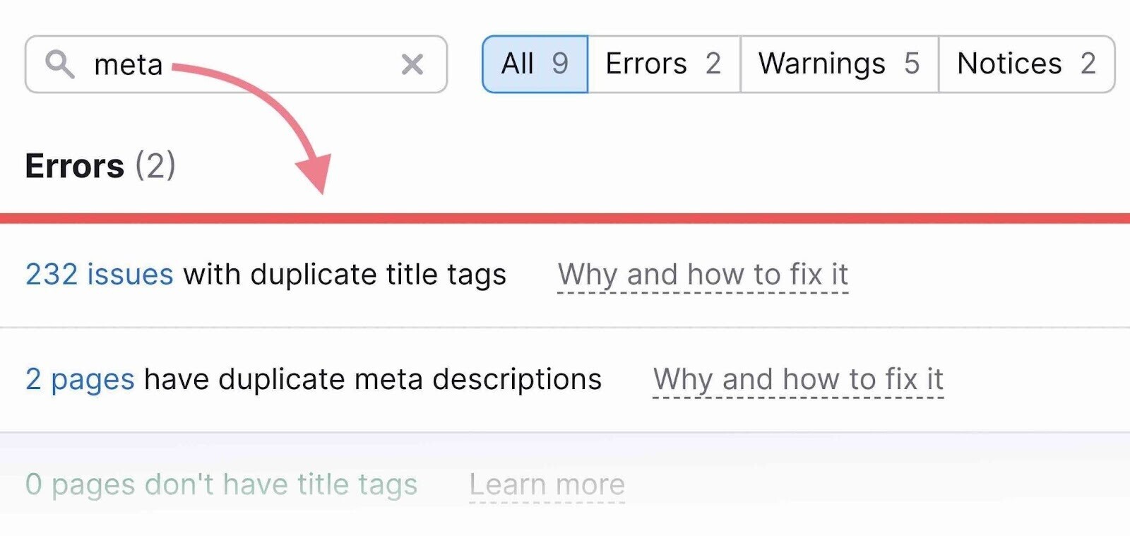 find all errors in site audit