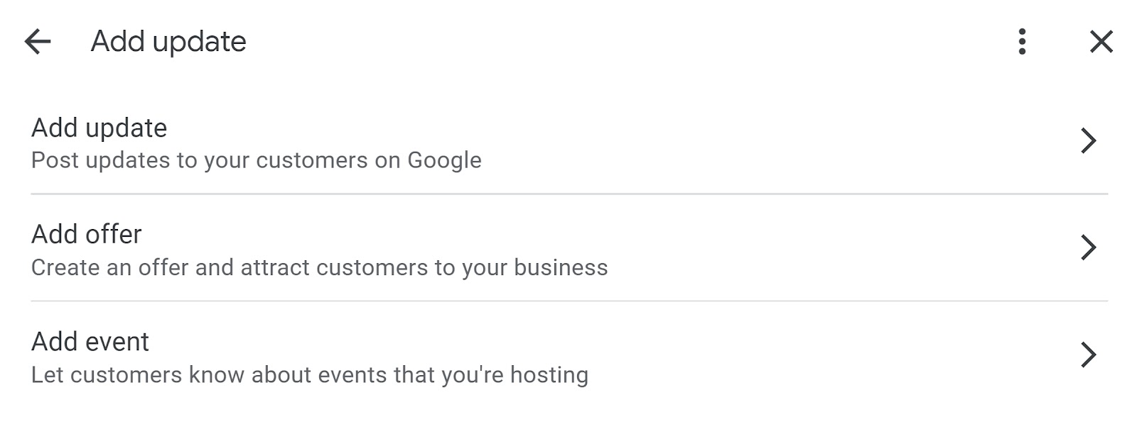 Sección "Añadir actualización" del perfil de empresa de Google.