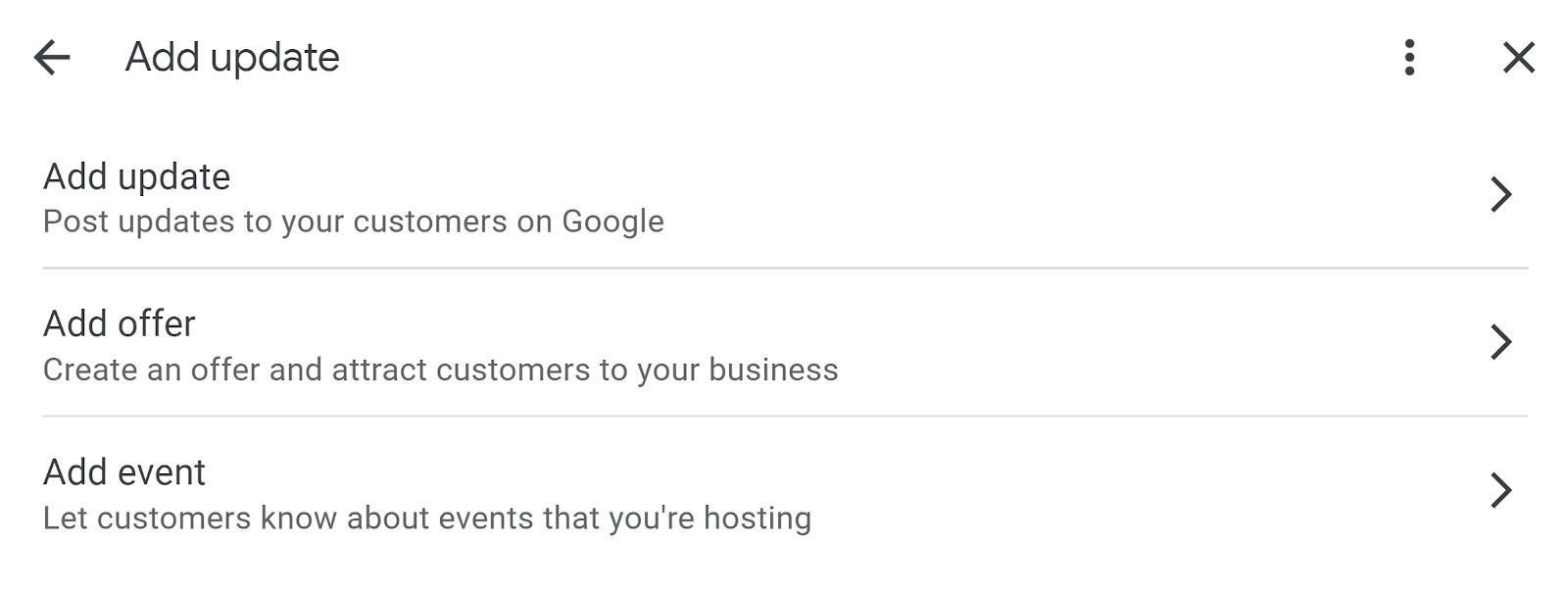 "Add update" section of Google Business Profile.