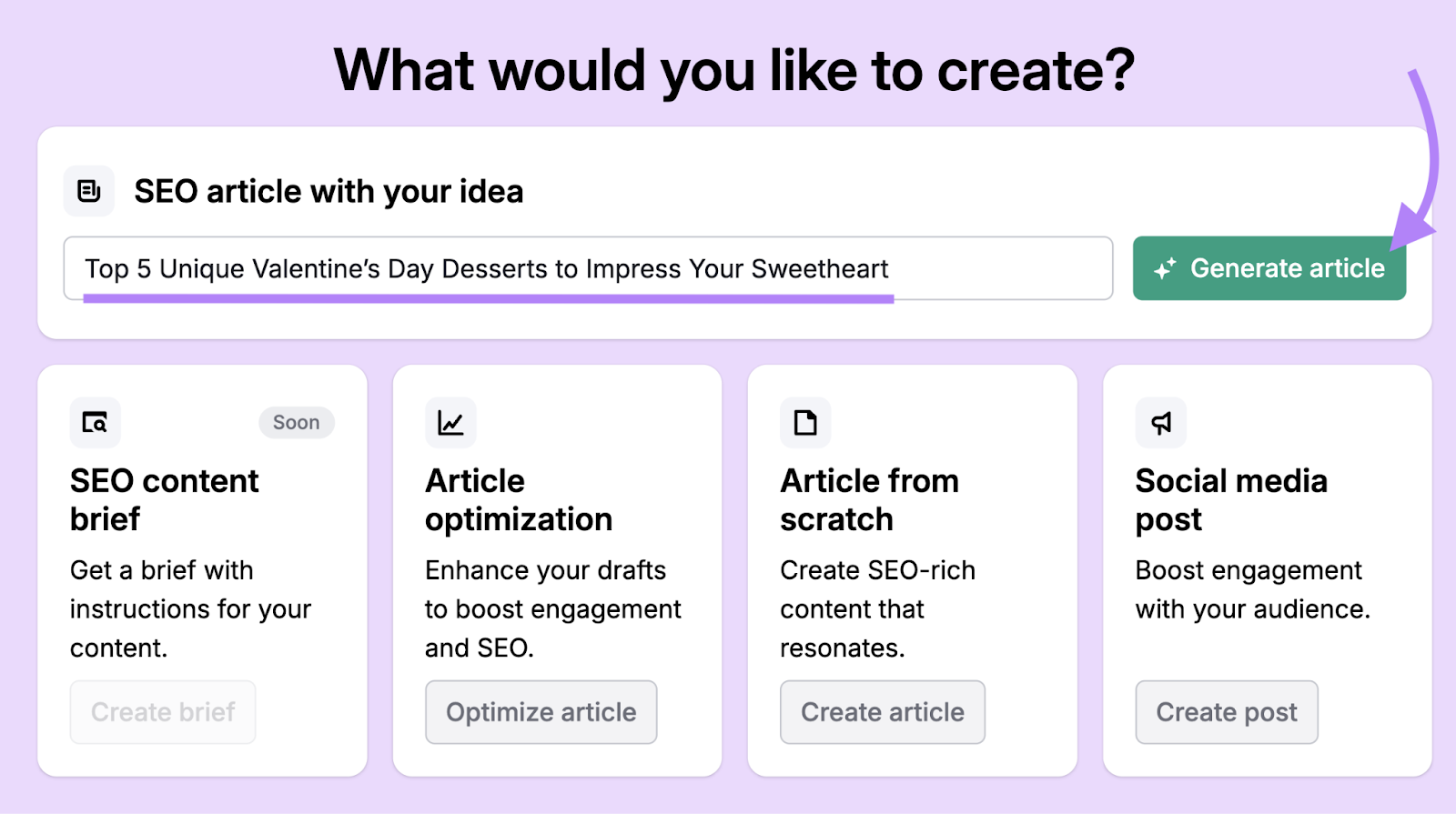 The unique valentine's day desserts to impress your sweetheart headline is entered into ContentShake AI tool