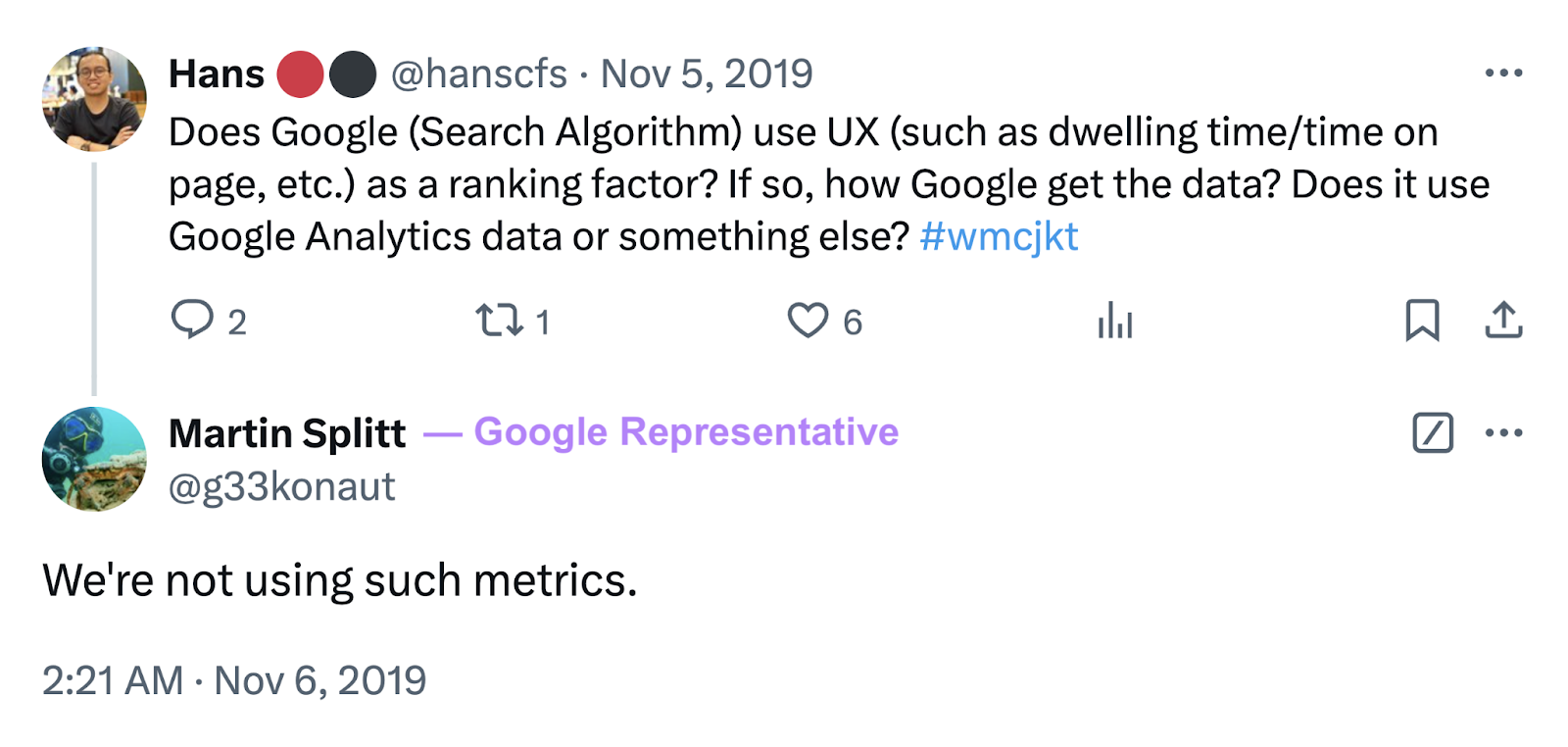 Le représentant de Google, Martin Splitt, affirme que Google n'utilise pas de mesures d'expérience utilisateur telles que le temps de passage et le temps passé sur la page comme facteurs de classement.