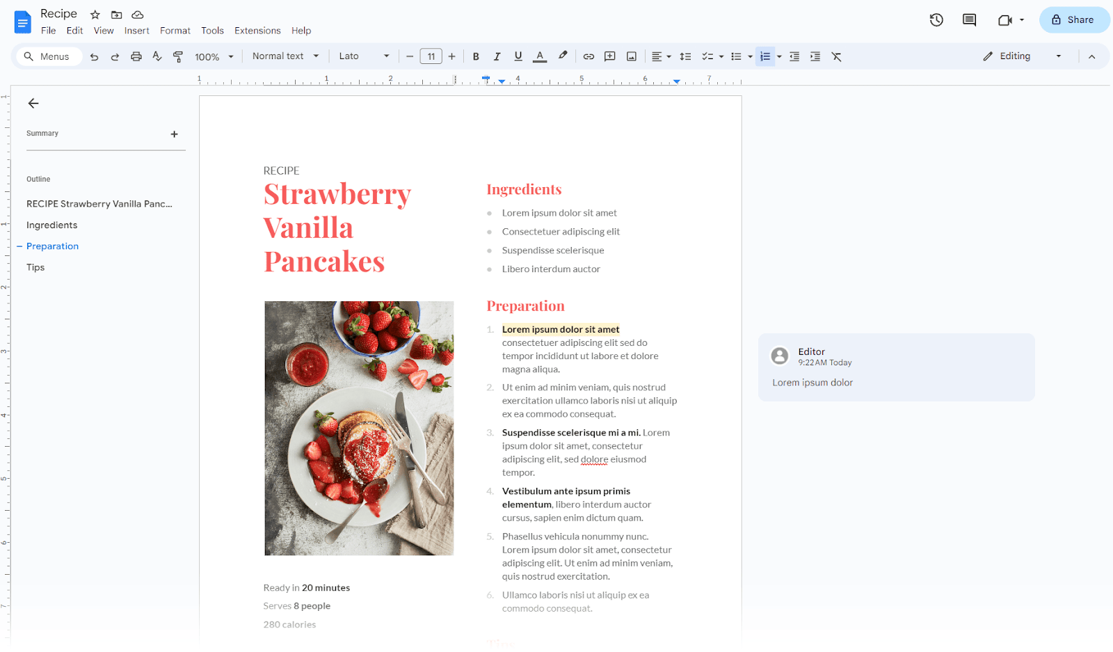 A recipe for pancakes in Google Doc