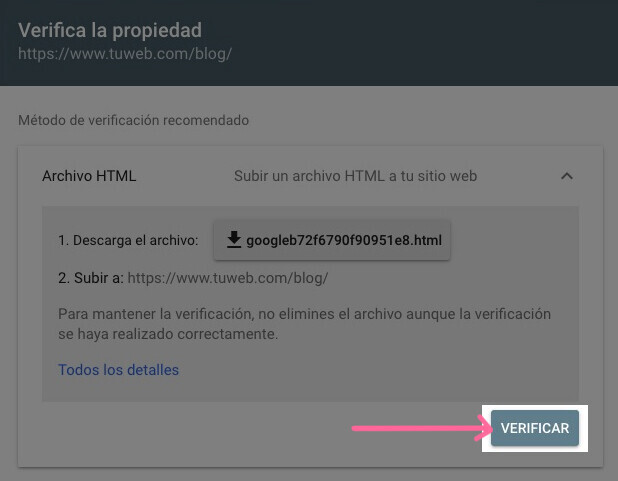 Botón de verificación en Search Console