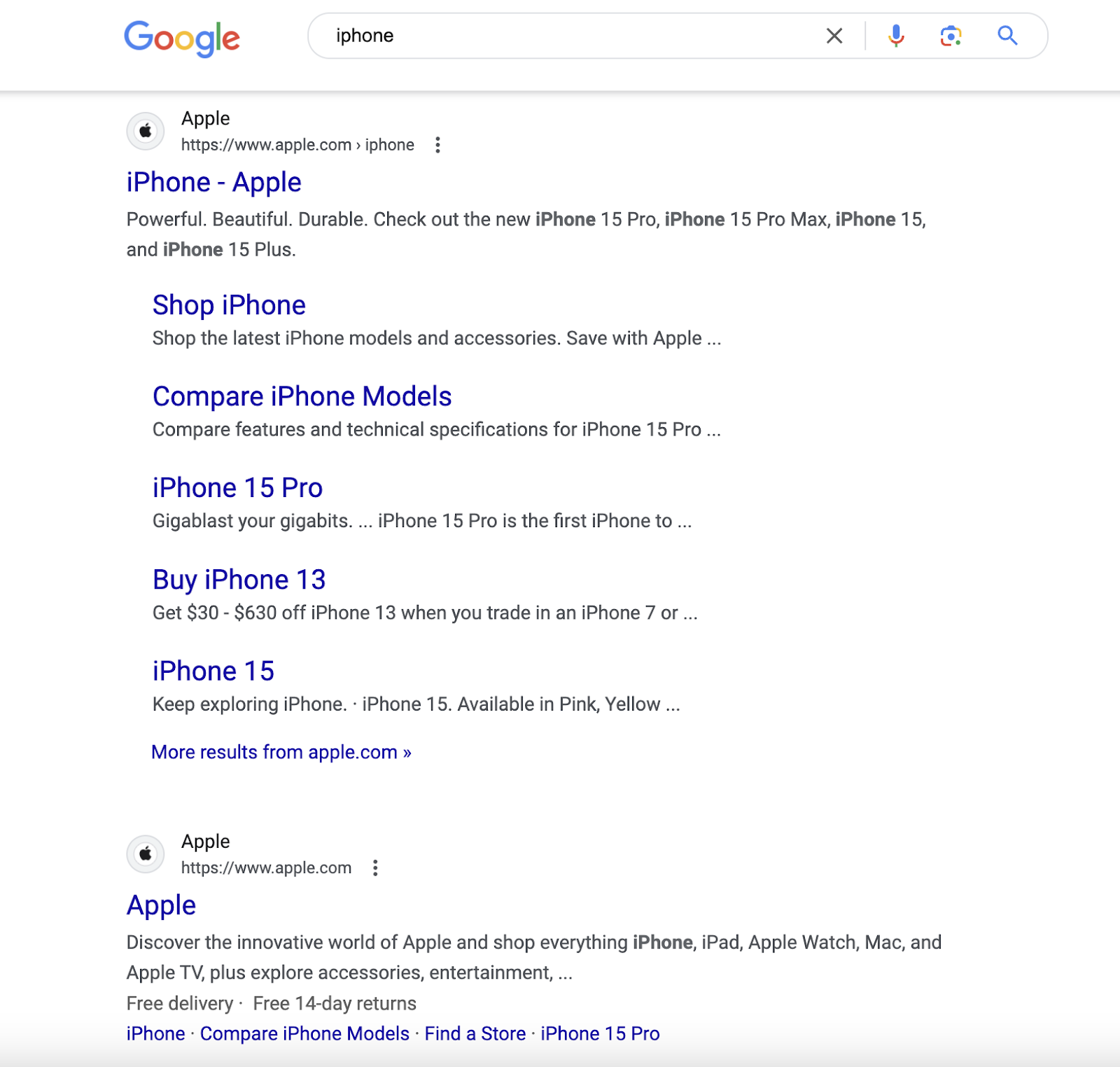 Only two Apple organic serp listings are above the fold.