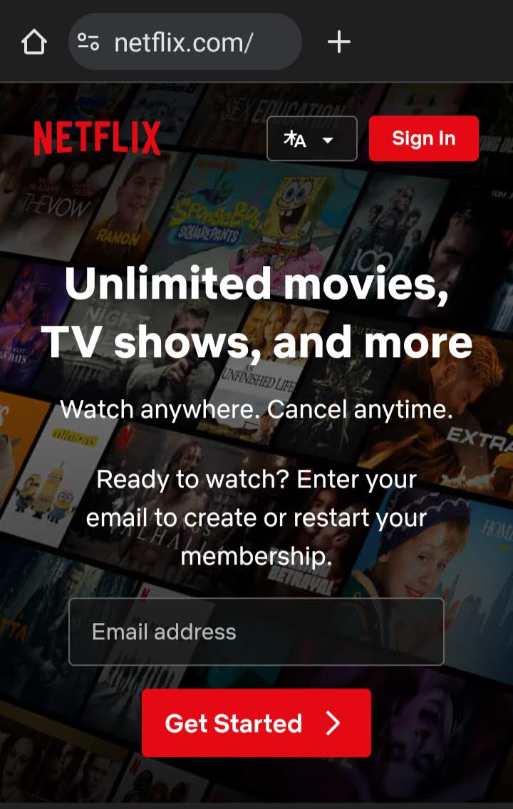 A red "Get Started" CTA button on Netflix's homepage