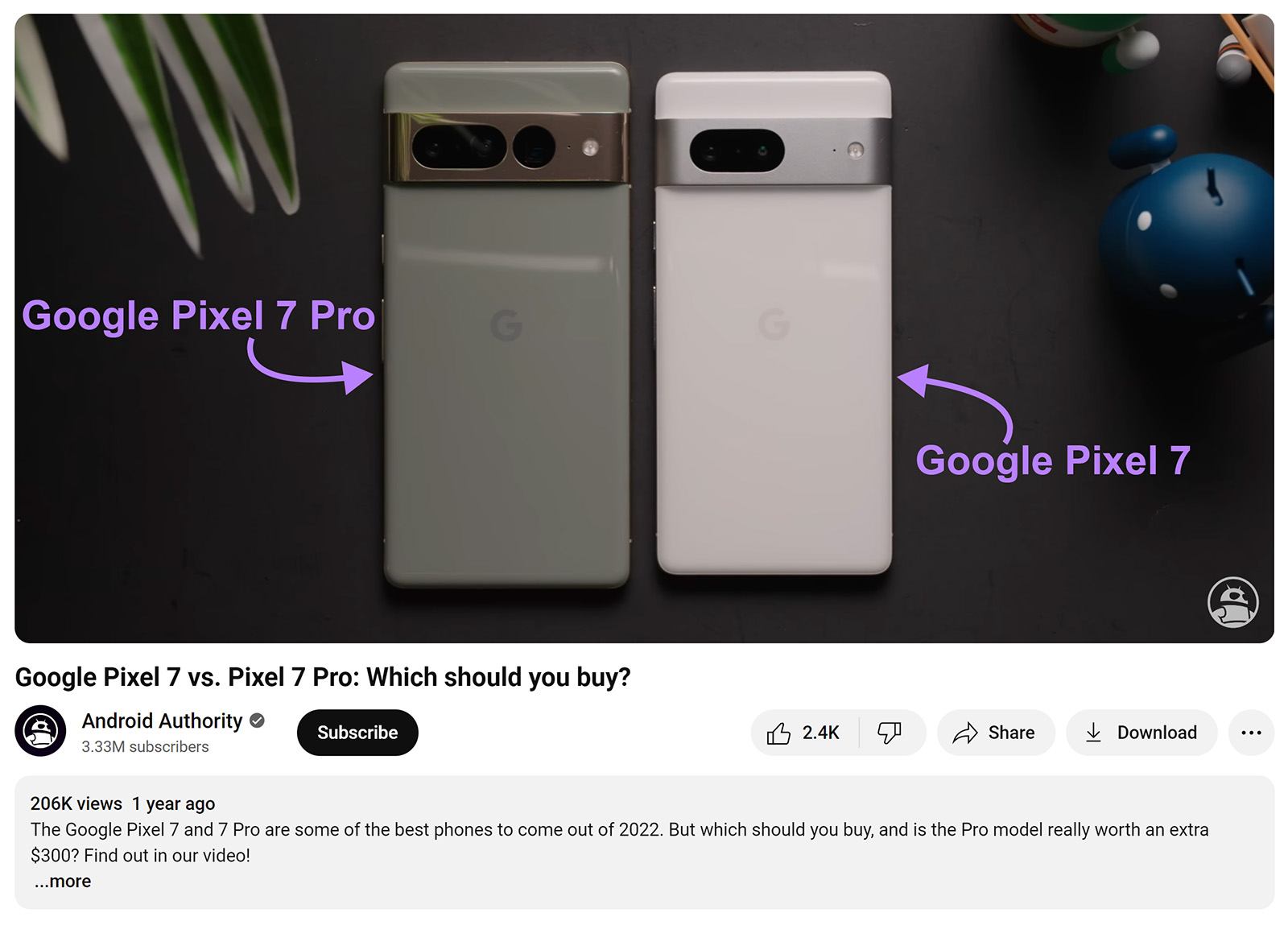 Android Authority video with annotations pointing to Google Pixel 7 Pro and Google Pixel 7 phones in video.