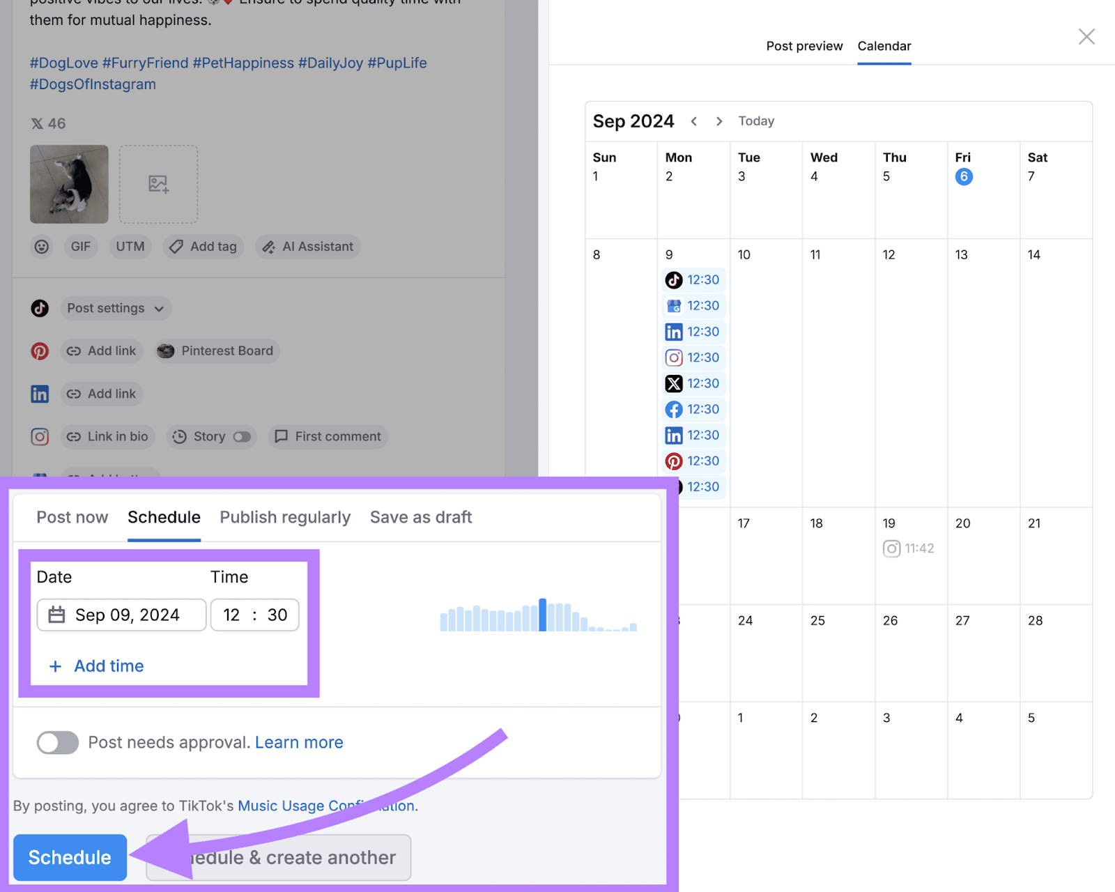 Post scheduling option within Semrush Social Poster