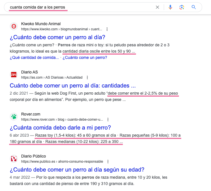 Ejemplo de intención para la búsqueda "cuanta comida dar a los perros"