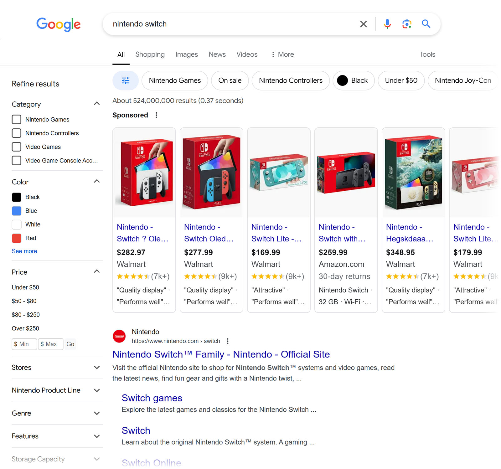 SERP for "nintendo switch" dominated by product listing ads and product pages results