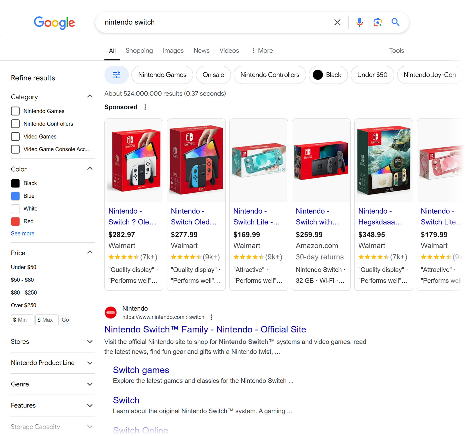 SERP for "nintendo switch" dominated by merchandise  listing ads and merchandise  pages results