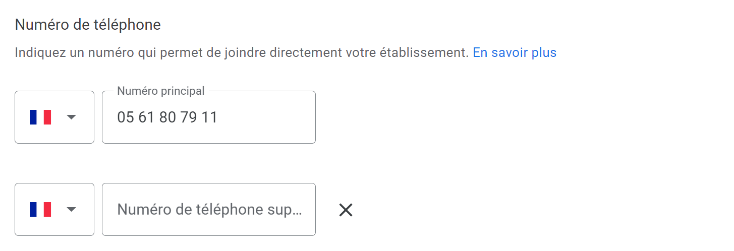 profil Google My Business, section Numéro de téléphone