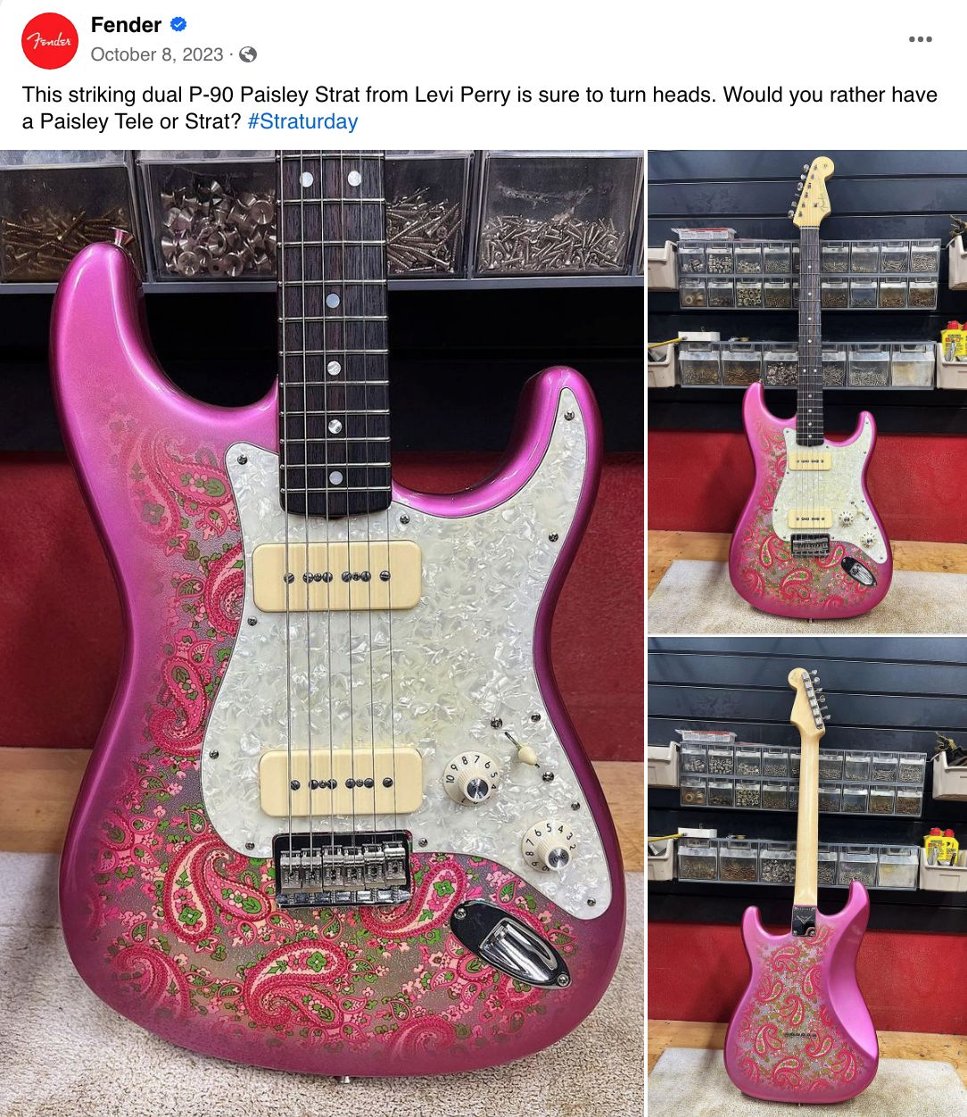 Fender's guitar Facebook post with #Straturday hashtag