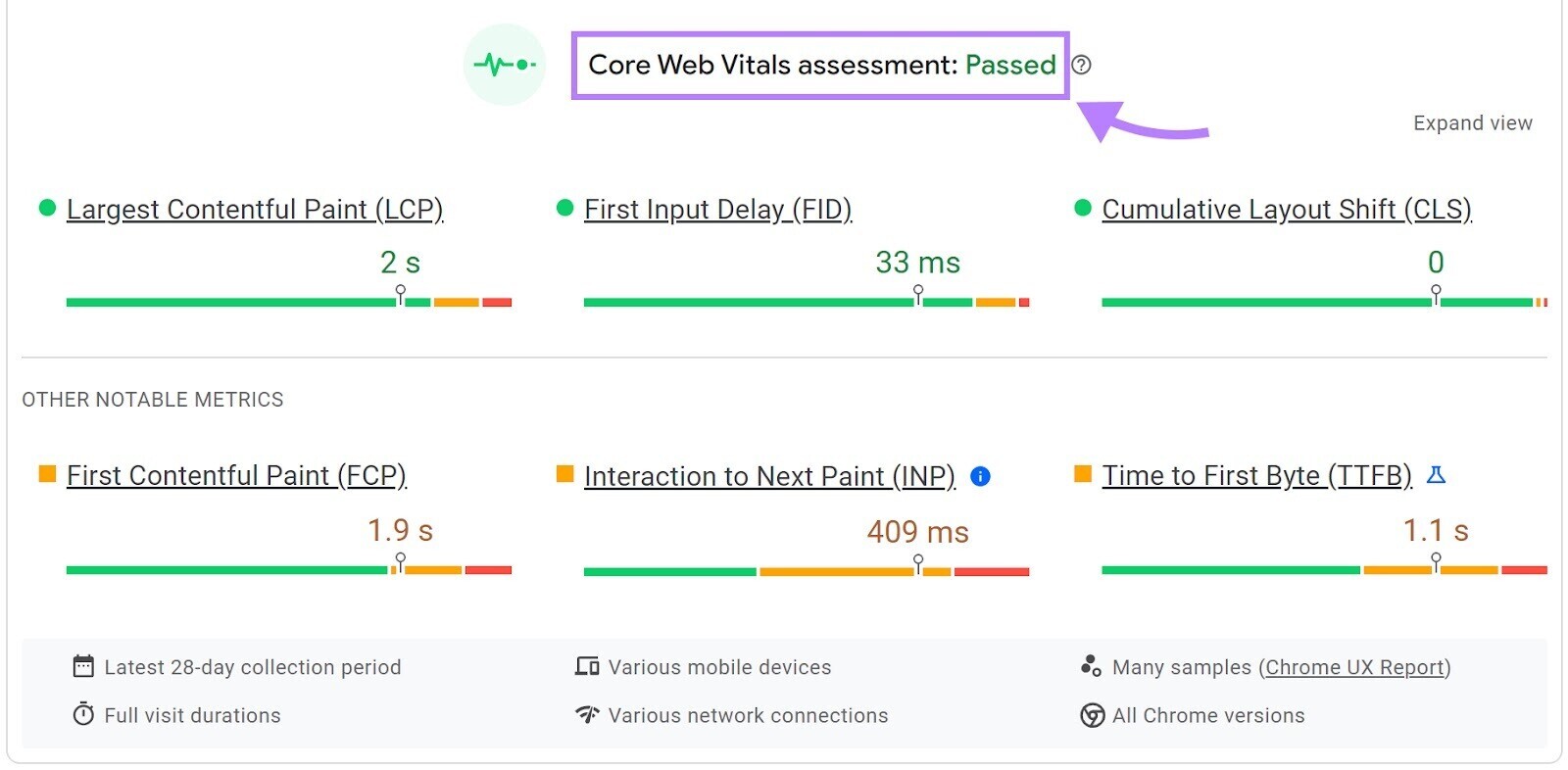 Core web vitals assessment page in Google Page Speed Insights