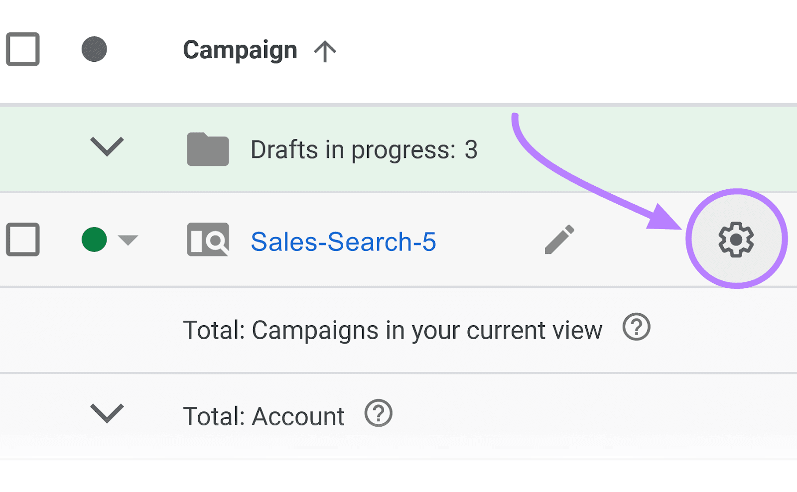 Settings icon next to a campaign in Google Ads