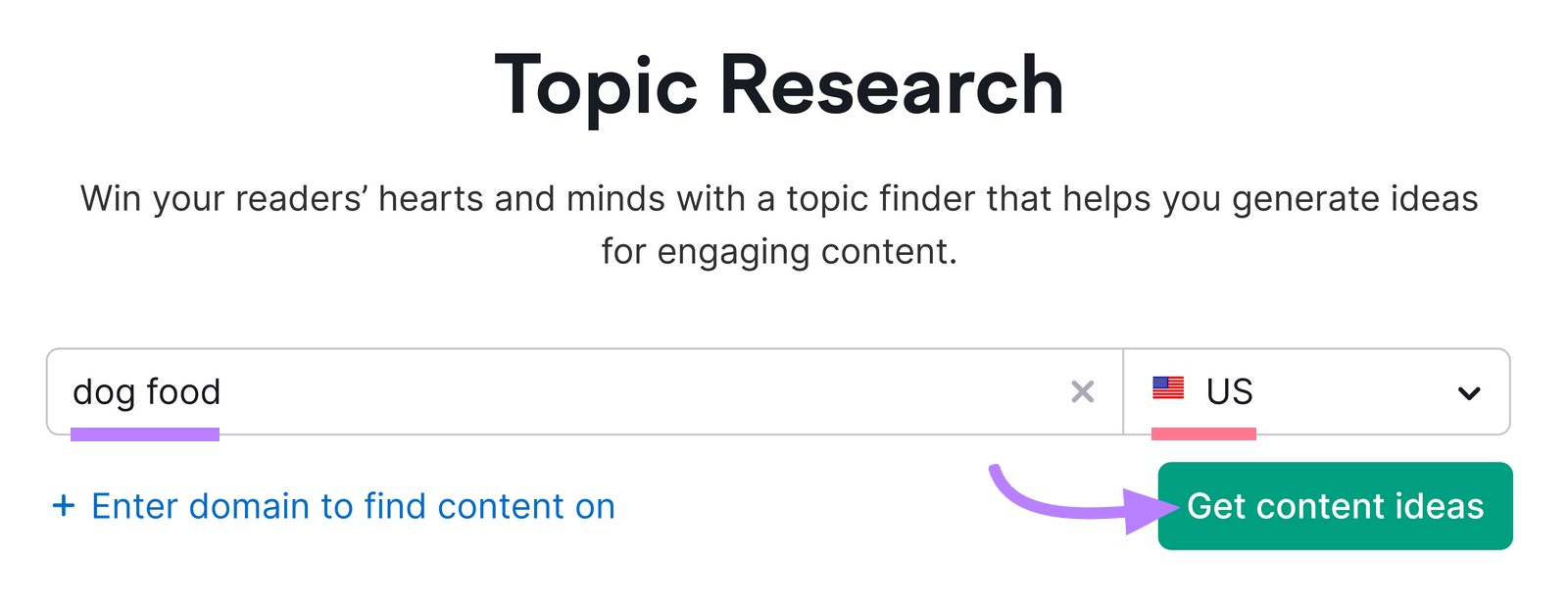 search for "dog food" in Semrush’s Topic Research tool