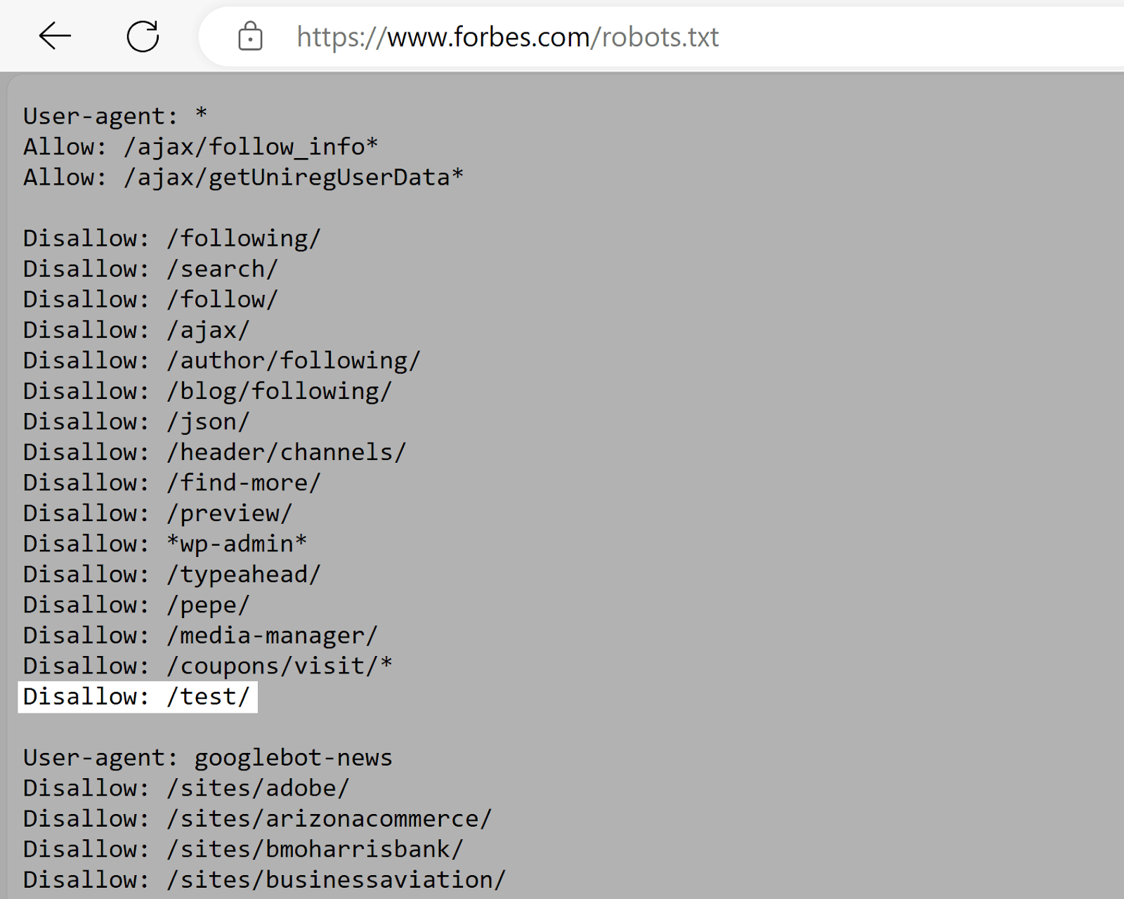 Forbes robots.txt file with highlights showing disallowed URL path