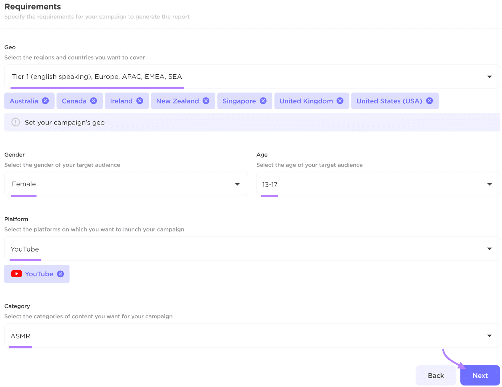 Influencer Analytics run  requirements enactment    interface with options for Geo, Gender, Age, Platform, and Category.