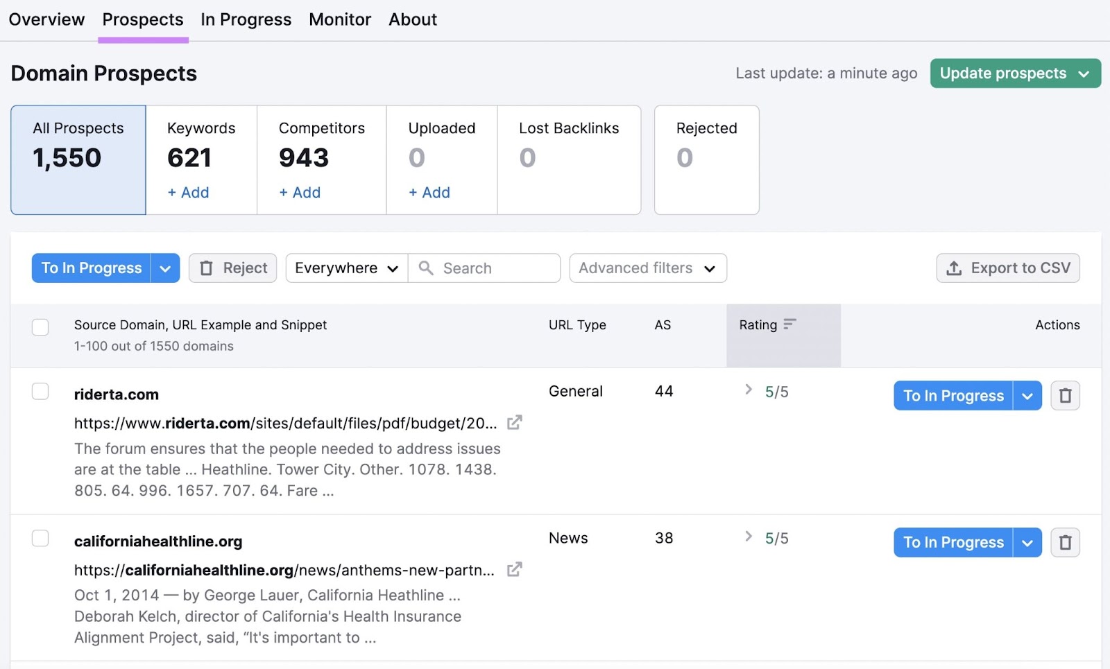 Une liste de domaines potentiels dans Link Building Tool