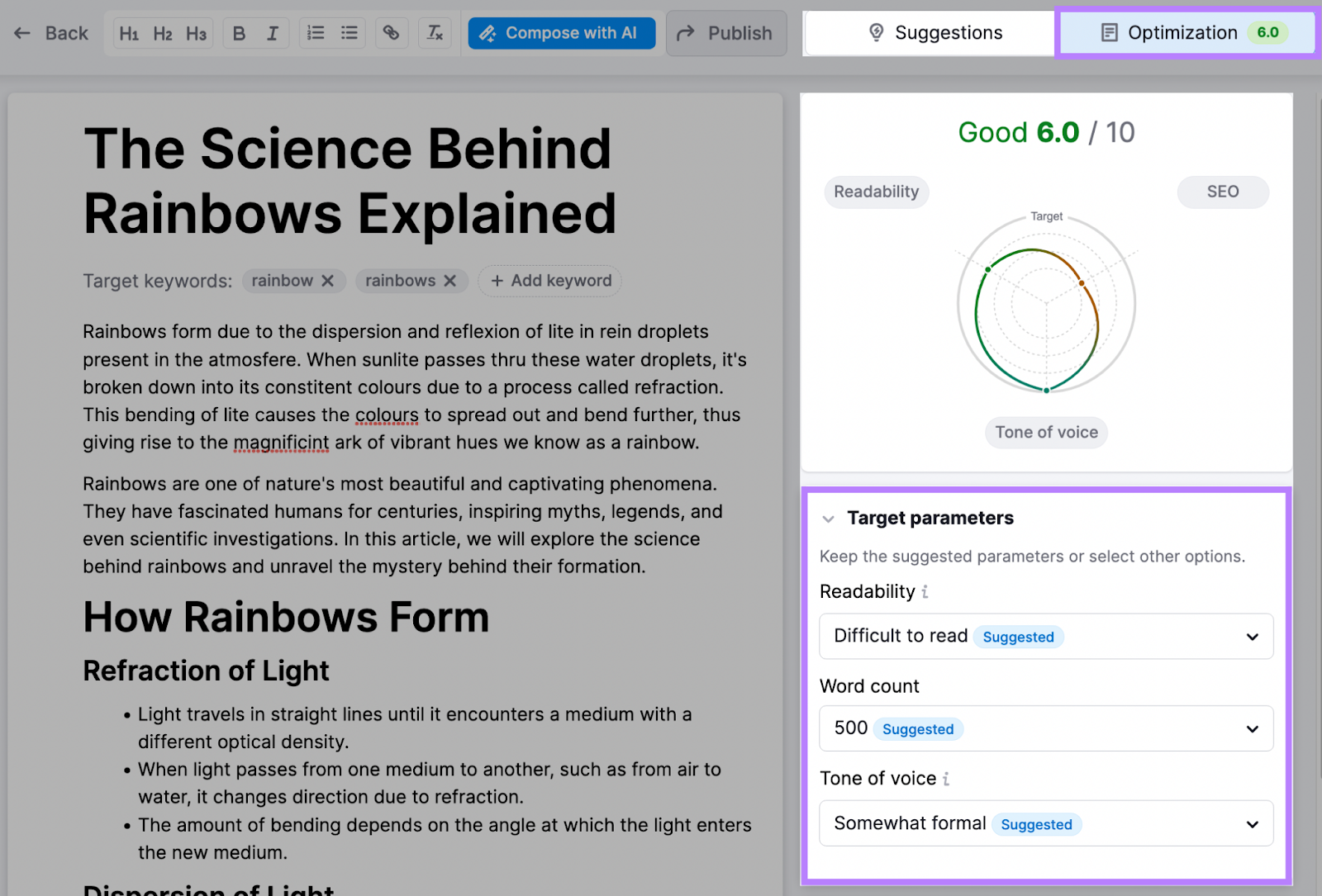 “Target parameters” section with readability, word count, and tone of voice drop down menus