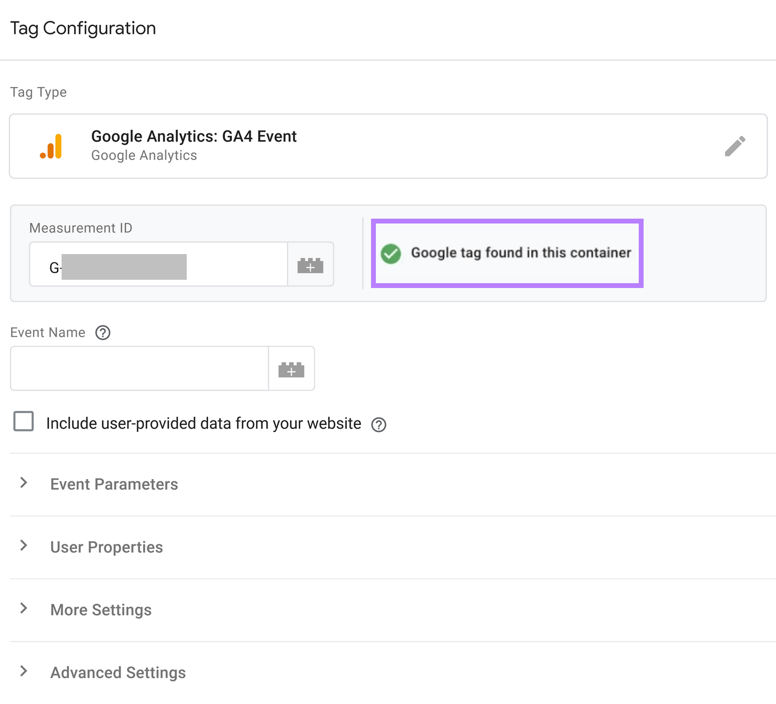 "Google tag recovered  successful  this container" connection   highlighted nether  "Tag Configuration" window